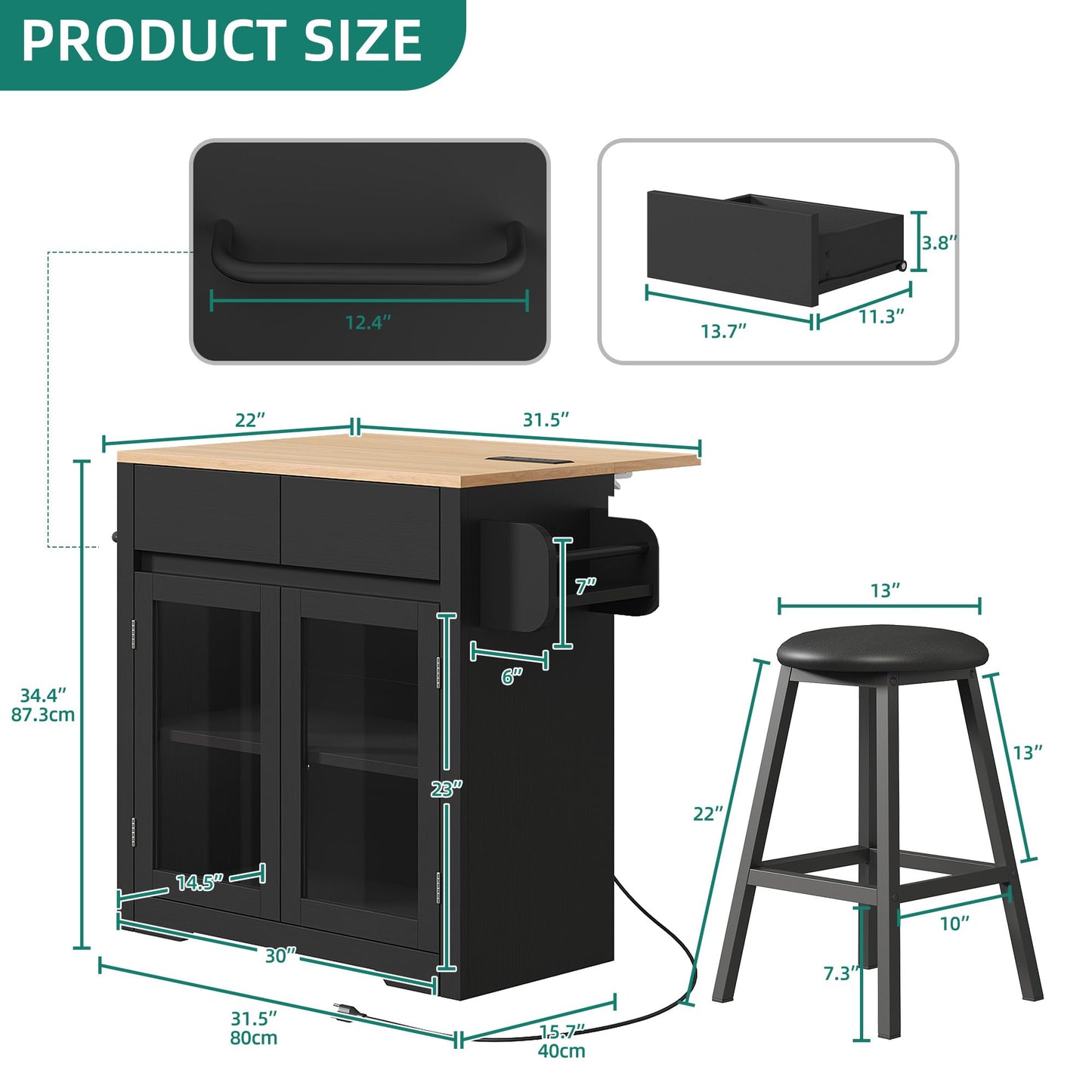 YITAHOME Rolling Kitchen island with Seating and LED Lights, Mobile Storage Islands with Drop Leaf, Dining Table with Power Outlet, 2 Drawers and Soft Stools, Spice/Towel Rack, Lacquered Finish, Black