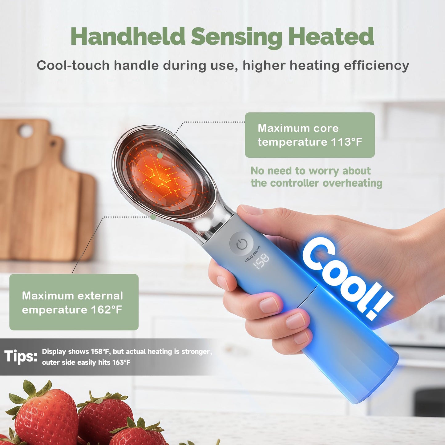 Heated Ice Cream Scoop Rechargeable with Removable Battery, Electric Warming Scooper, 30s Rapid Heating to 162°F, 316 Stainless Steel, LED Display & IP67 Waterproof, Easy Clean for Hard Ice Cream