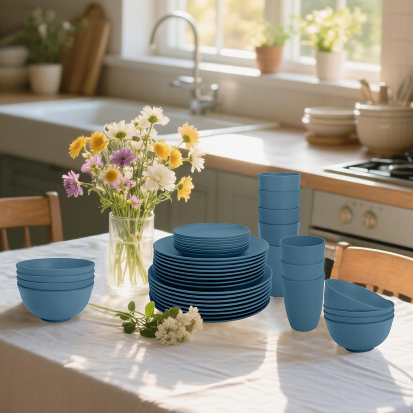 BUSOKIP Wheat Straw Dishes Set 40 PCS, Unbreakable Dinnerware Set of 8 - Dinner Plates, Cereal Bowls, Water Cup, Lightweight, Reusable, Microwave & Dishwasher Safe Bowls for Kitchen and Outdoor - Blue