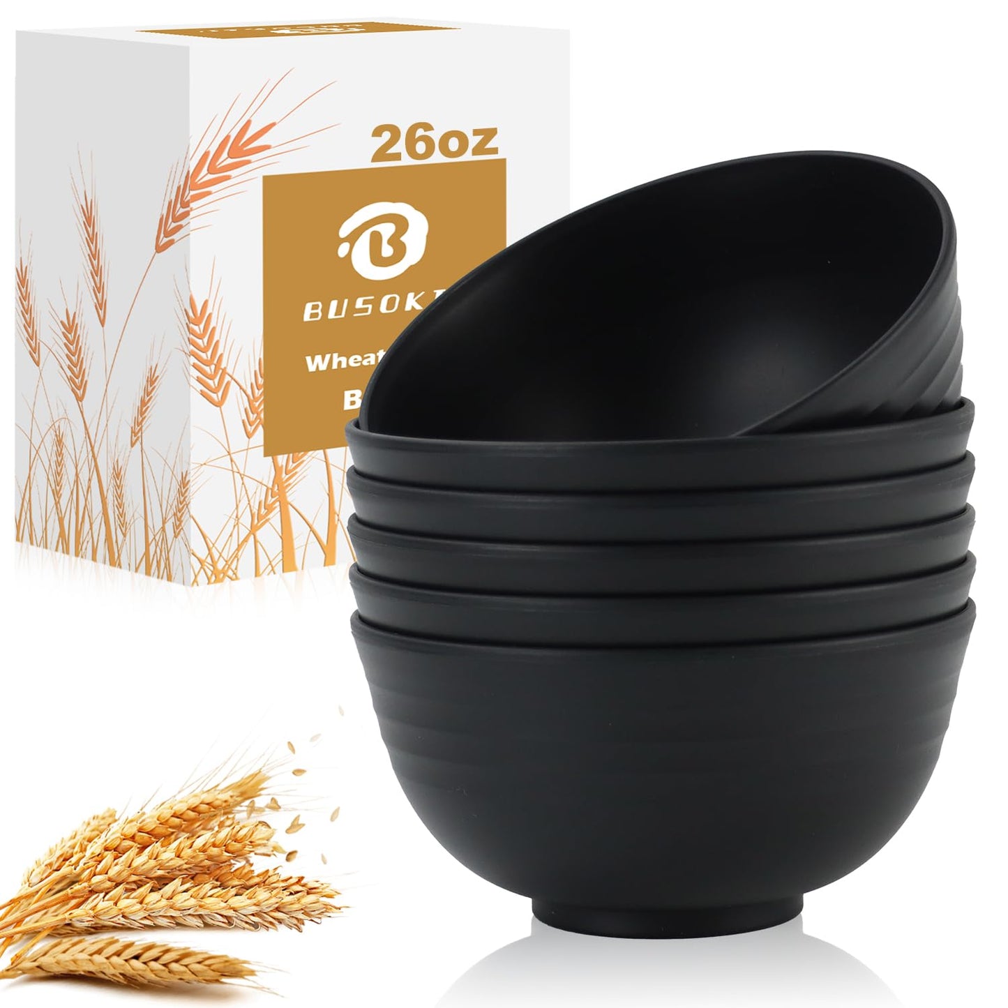 BUSOKIP Ramen Bowl 26oz, Unbreakable Wheat Straw Bowls Sets of 6, Plastic Bowl Reusable, Microwave & Dishwasher Safe Cereal Bowls for Kitchen, Dorm, Office- Black