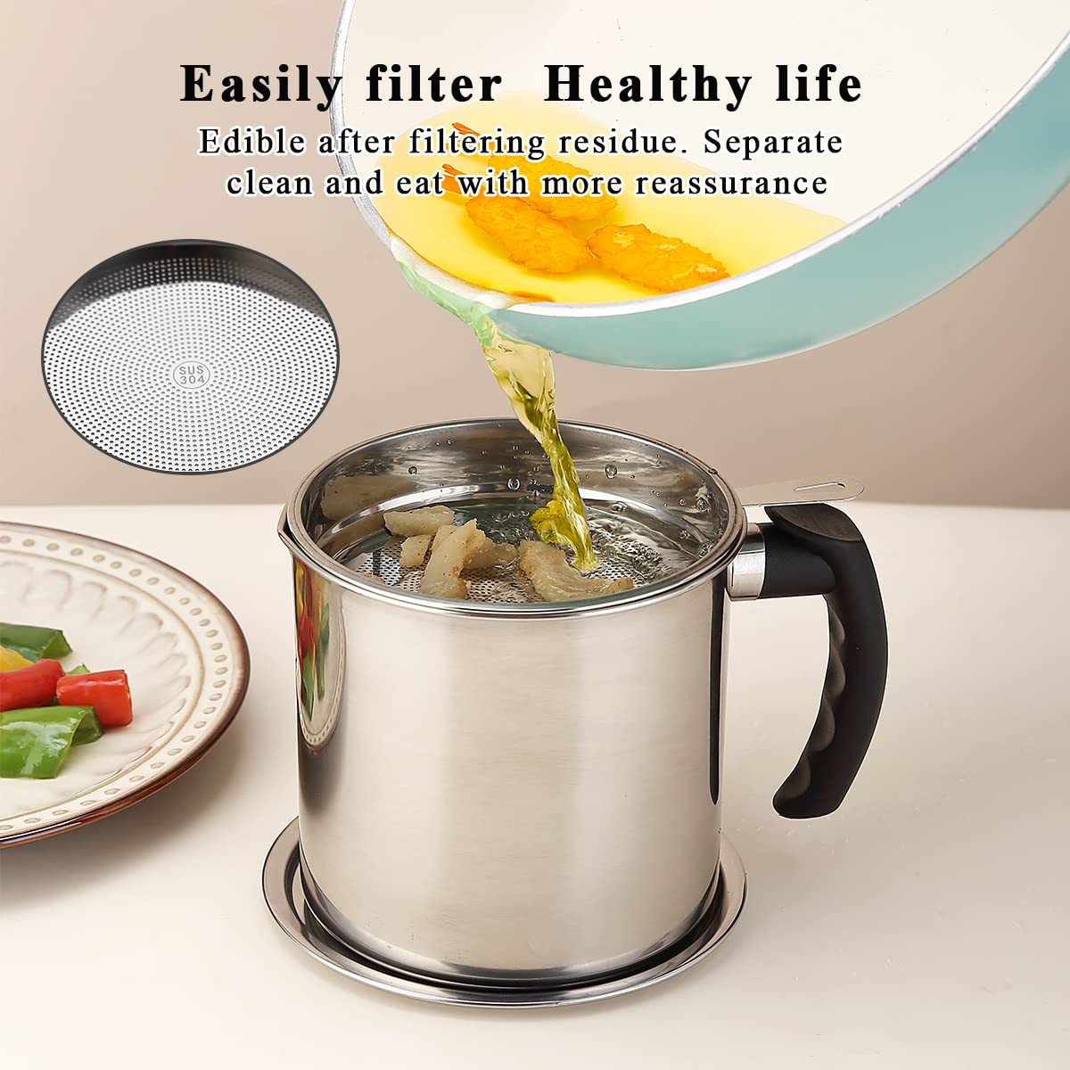 Kyraton Bacon Grease Container With Strainer, 48 oz Stainless Steel Oil Container, Pot Fat Storage With Lid, Easy Grip Handle Suitable For Storing Frying Oil And Cooking Grease 1. Silver