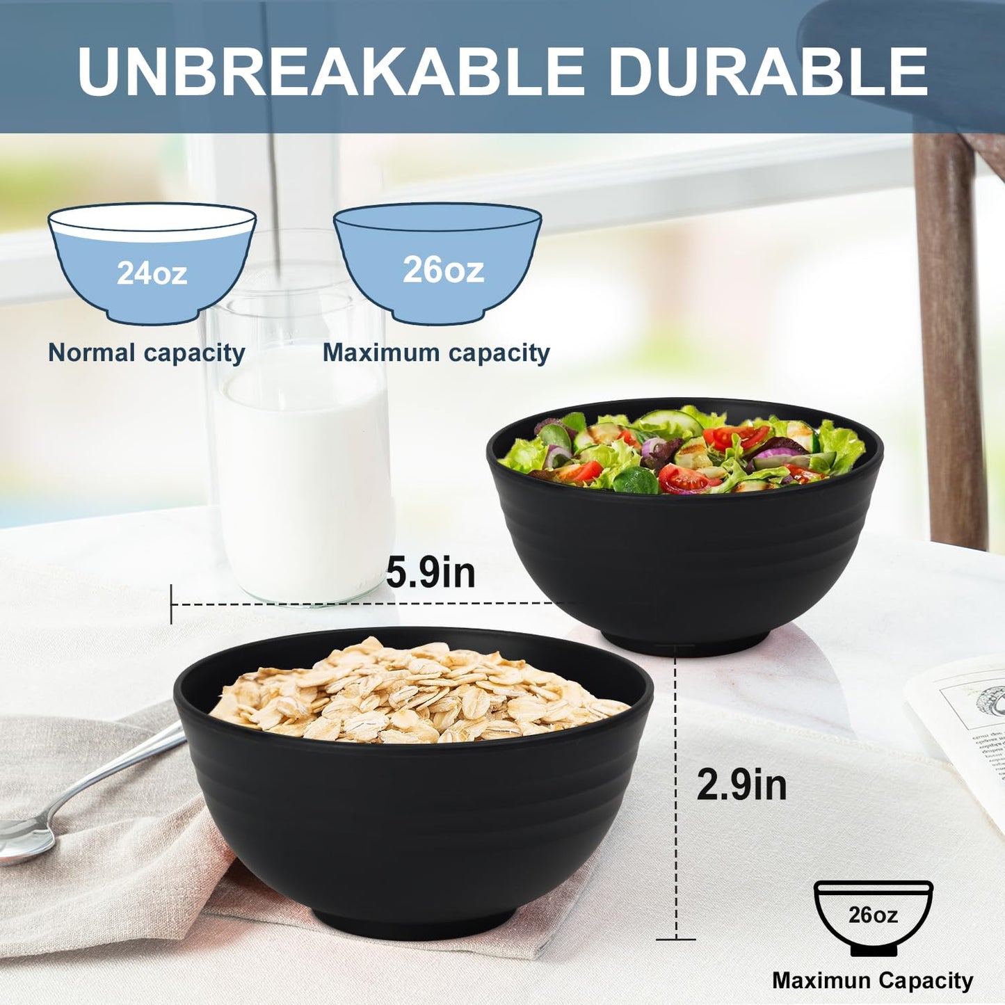 BUSOKIP Ramen Bowl 26oz, Unbreakable Wheat Straw Bowls Sets of 6, Plastic Bowl Reusable, Microwave & Dishwasher Safe Cereal Bowls for Kitchen, Dorm, Office- Black