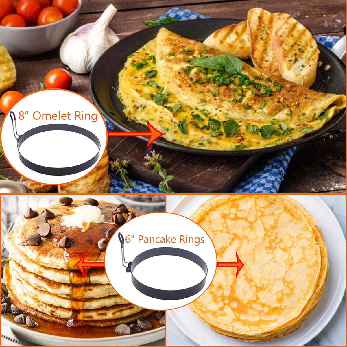 Stainless Steel Egg Cooker Set - 8" Omelette Ring, 6" Pancake Ring, 4" Griddle Egg Ring - Non-stick, Upgrade Large 3 Packs Egg Cooking Rings with Oil Brush & Egg Separator