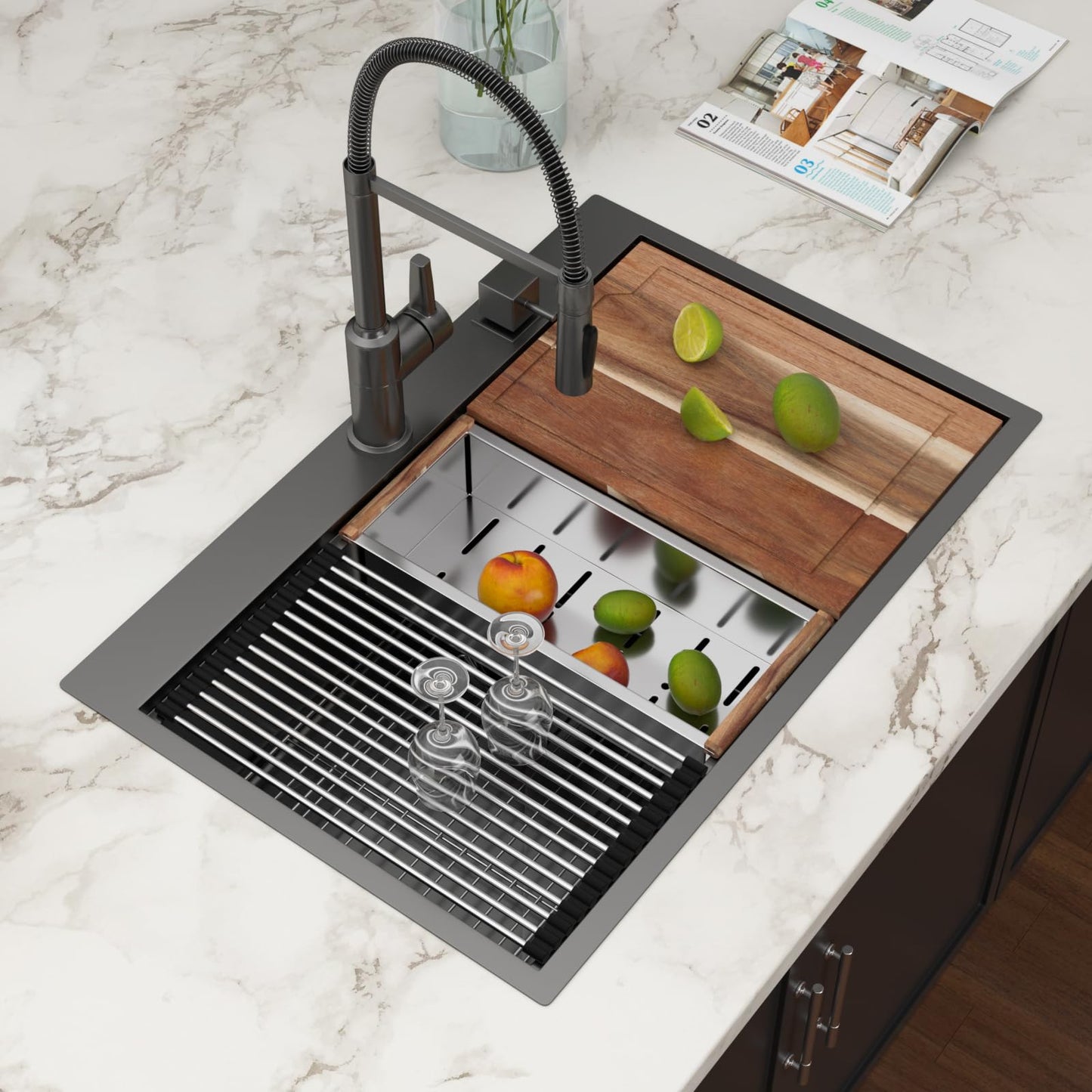 Couoko 33x22 Black Drop In Kitchen Sink Workstation 16 Gauge Stainless Steel Single Bowl Drop Kitchen Sinks Nano PVD Gunmetal Black Handmade Large Deep Topmount Sinks, 33x22x9 Inch