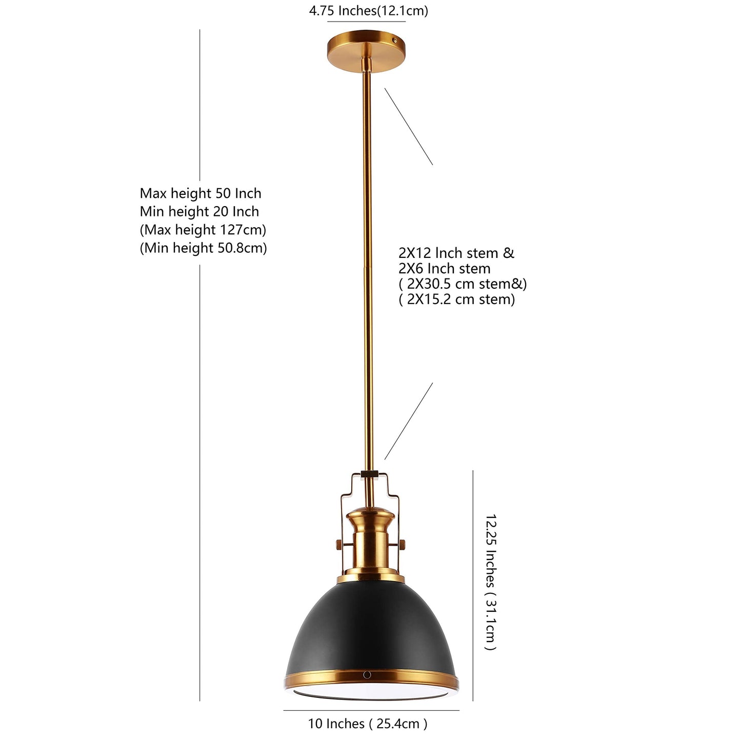 JONATHAN Y 10" Black/Brass Gold Modern Industrial Iron LED Dome Pendant Light, Adjustable Hanging Fixture for Kitchen Island or Entryway, Black Metal Shade, LED Bulb Included JYL9535A