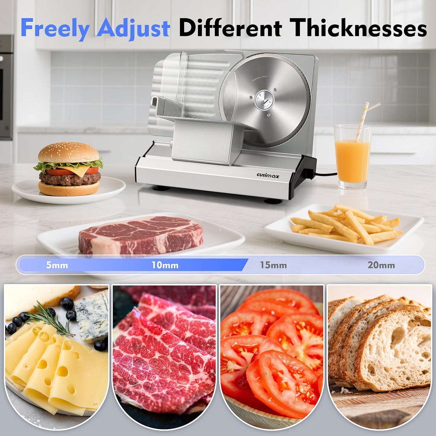 CUSIMAX Meat Slicer,9"Electric Food Slicer with 2 Stainless Steel Blades,1-20mm Adjustable Thickness for Home Use,Removable Food Carriage for Easy Cleaning