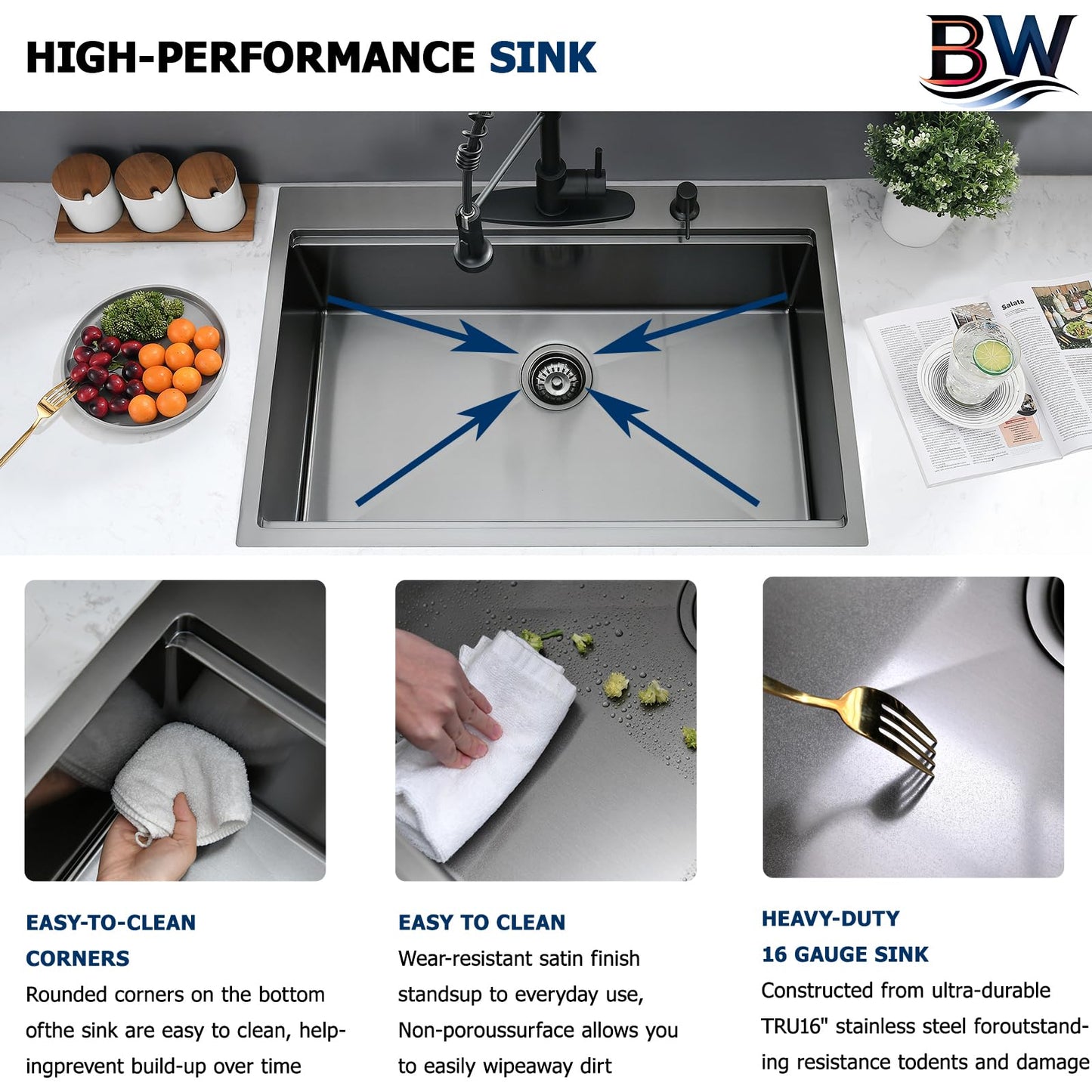 BWXIAOC 33 x 22 Drop In Kitchen Sink Black Workstation - 16 Gauge Stainless Steel Sinks Handmade 10 Inch Deep Single Bowl Kitchen Sink Top Mount Easy to Clean
