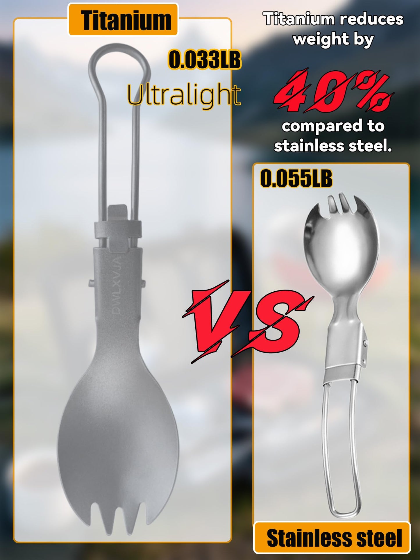 DWLXVJA Titanium Camping Utensils Set, 3-Piece Foldable Spork Spoon Knife with Case, 0.15lb Lightweight Travel Flatware for Backpacking Outdoor Hiking Office Lunch, Reusable Eco-Friendly Gift