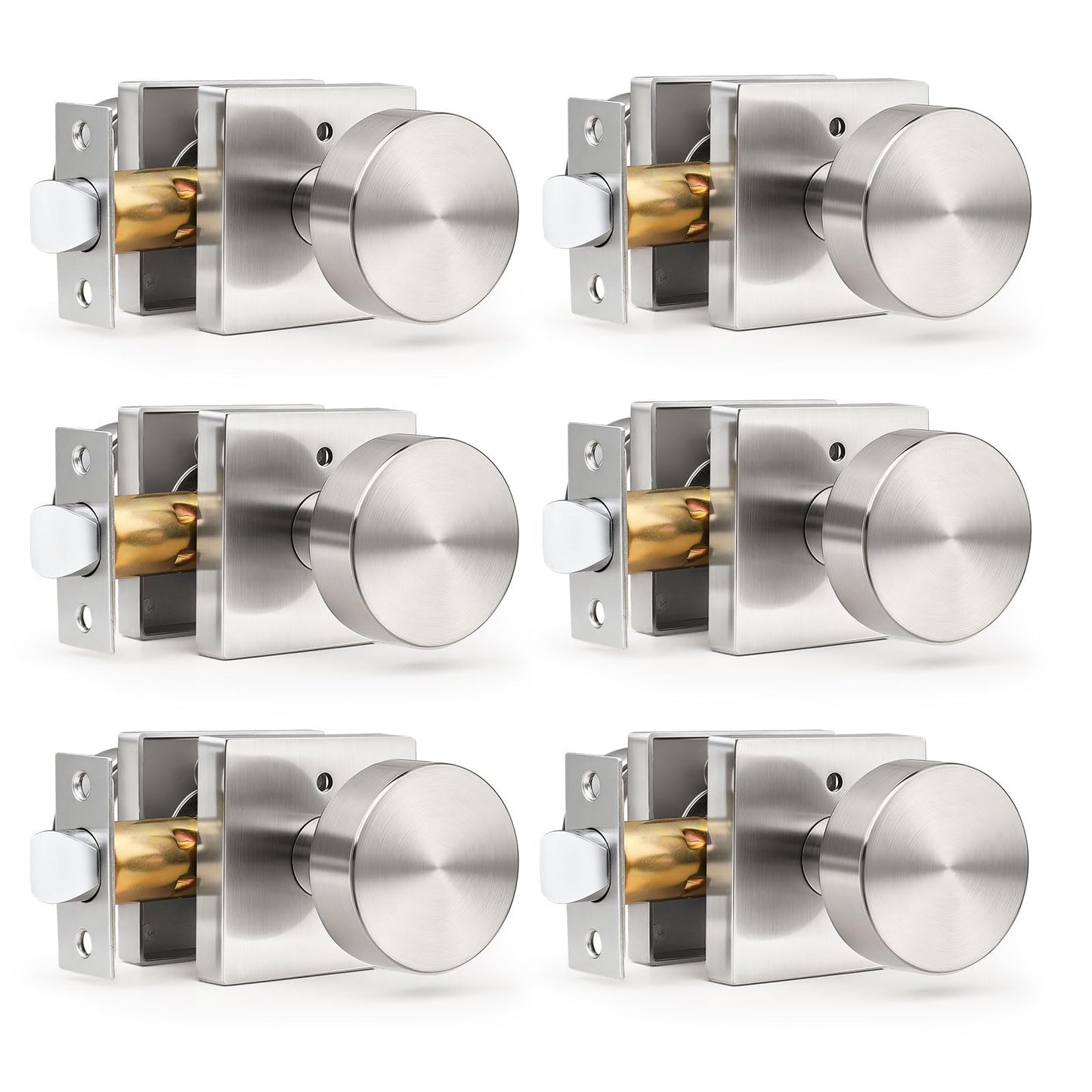 Gobrico Brushed Nickel Privacy Door Knobs with Square Rosette(6 Pack), Interior Heavy Duty Door Handles with Lock, Keyless Door Locks for Bedroom, Bathroom