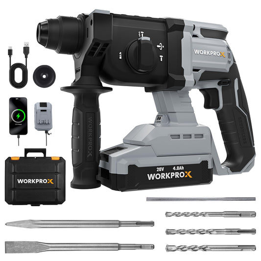 WORKPROX 20V Cordless Rotary Hammer Drill, 7/8" SDS-Plus, 2.0J Hammer Drill for Concrete with 4 Functions, Brushless Motor, 4.0Ah Battery & LED Light, Lightweight SDS Hammer Drill for Home Use
