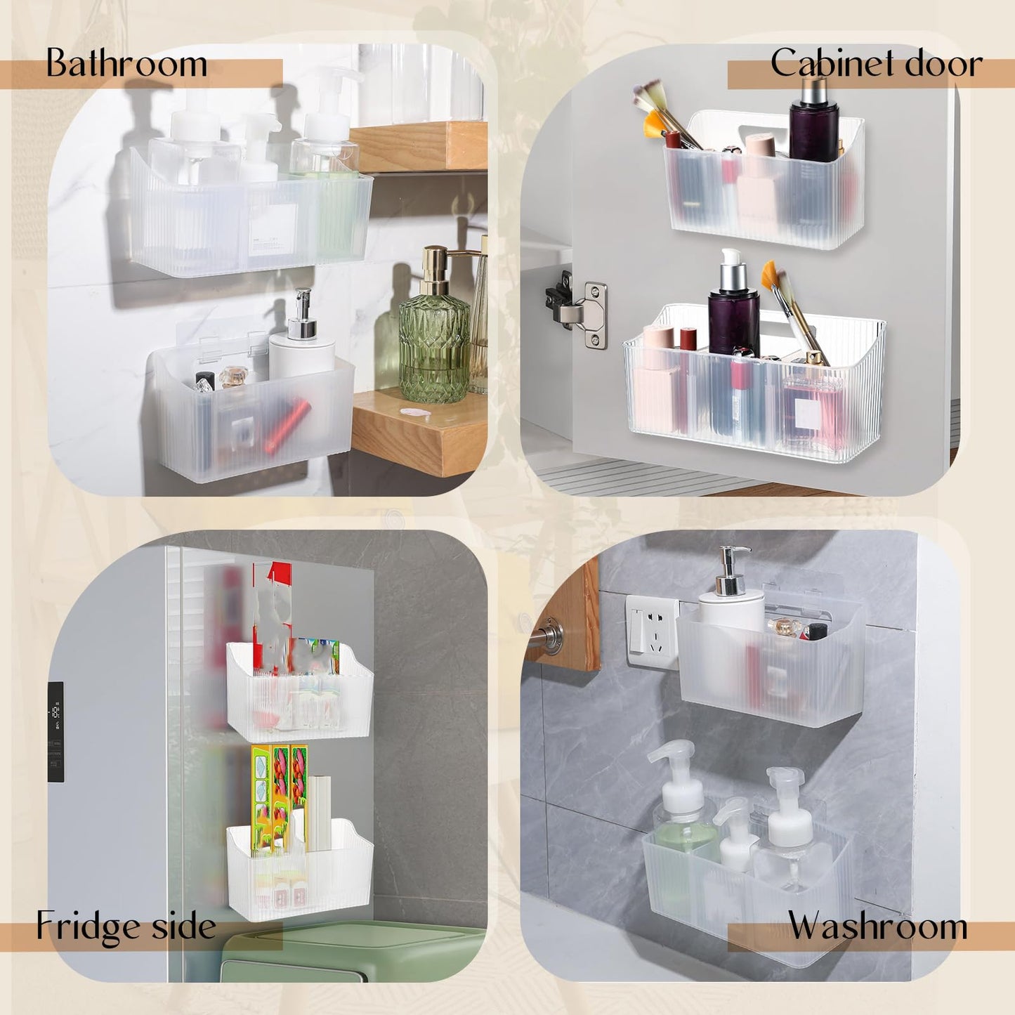 Baderke 6 Pcs Kitchen Cabinet Door Organizer Adhesive, Clear Wall Mounted Storage Bins, Organizer Basket Hanging Bin, Shower Caddy for Bathroom, Kitchen, Cabinet, Pantry