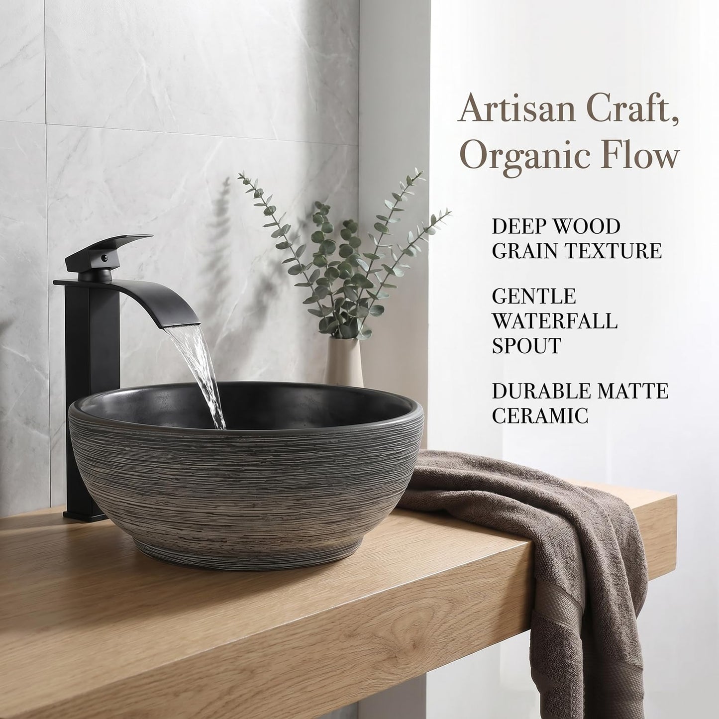 Zoyueyu 14 Inch Black Round Bathroom Vessel Sink with Waterfall Faucet and Pop-Up Drain Combo,Ceramic Vessel Sink Above Counter Round Bathroom Sink Bowl,Small Sink for Bathroom