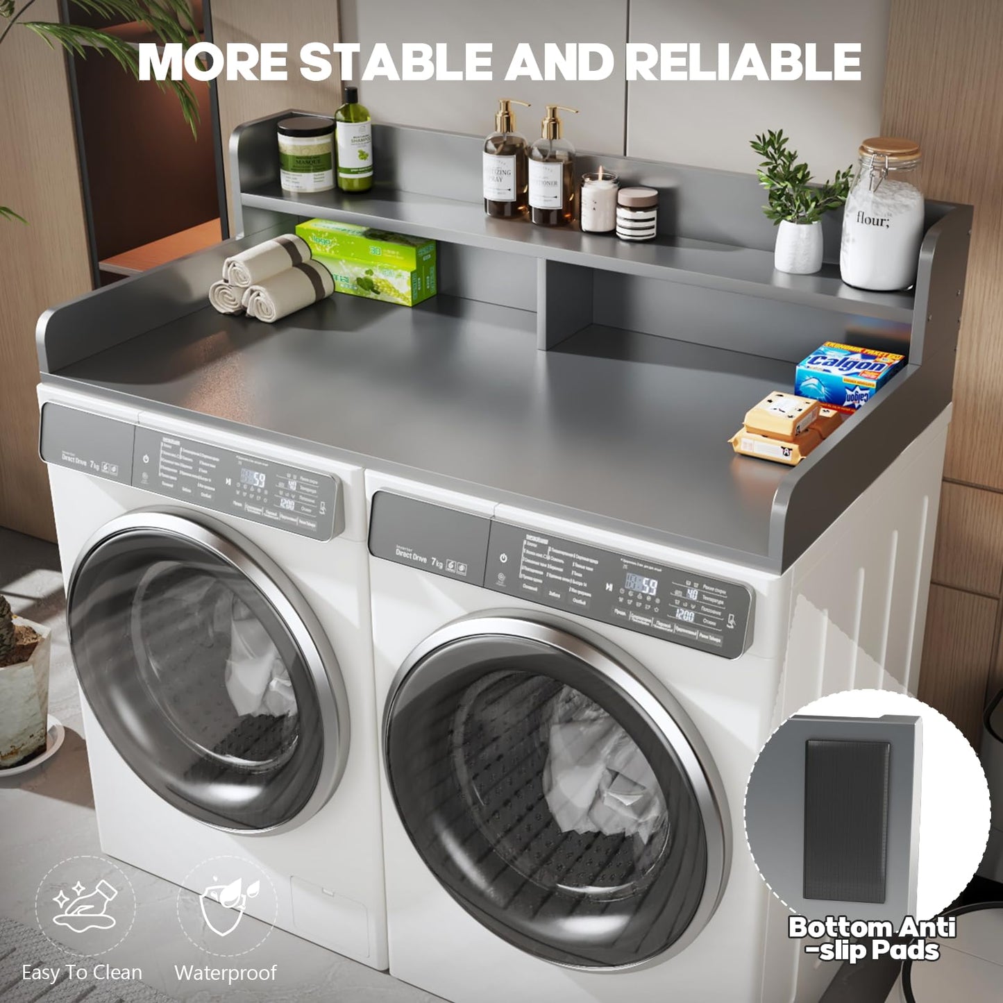 BigPonPon 2-Tier Washer and Dryer Countertop with 2.75" H Guard,54" W x 27.5" D Laundry Countertop Cover with Non-Slip Pad,Large Space Laundry Topper for Folding Clothes Over Washer and Dryer-Gray