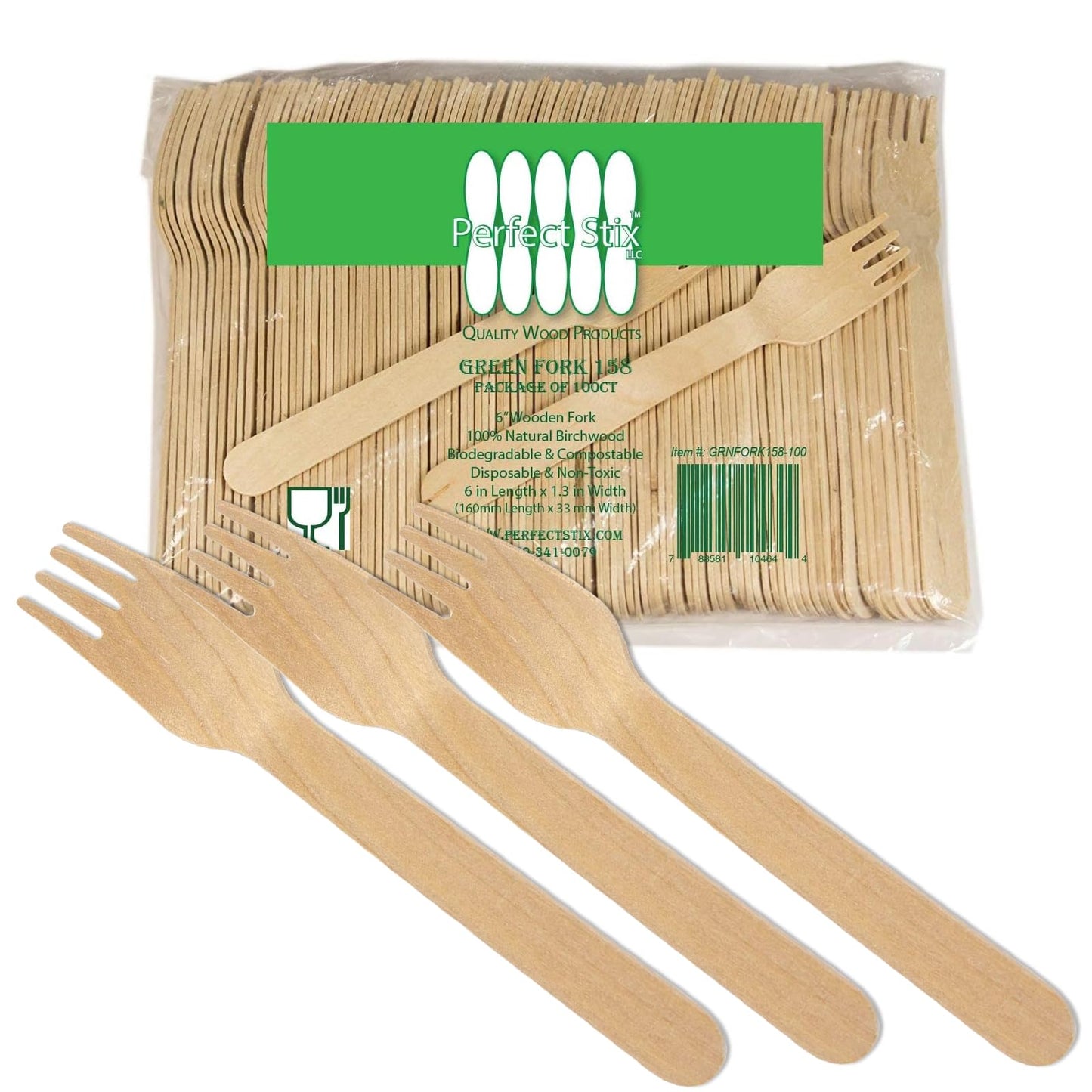 Perfect Stix Green Fork 158-250ct Disposable Wooden Forks (Pack of 250), Plain Forks, 6"L x 1.3"W