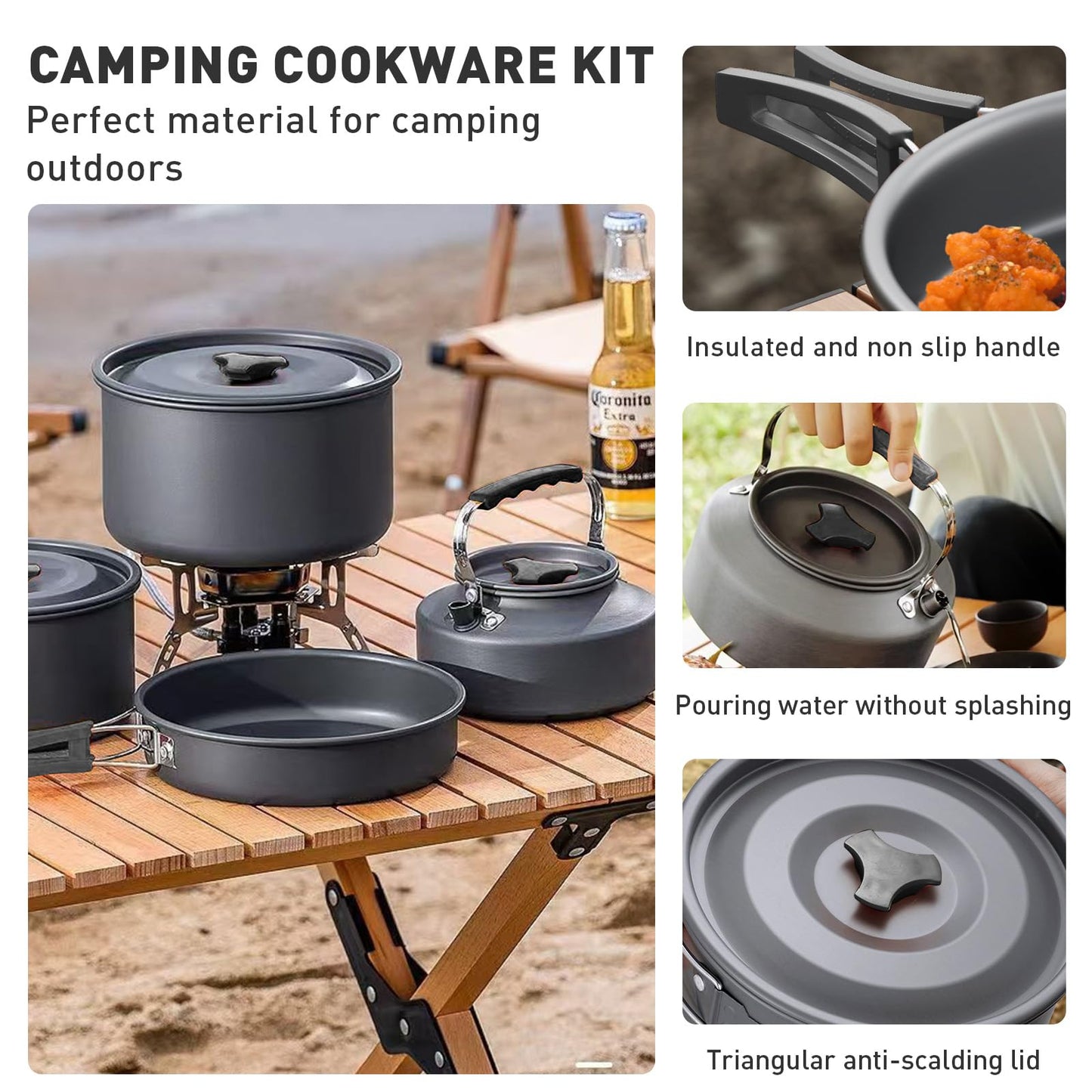 Camping Cookware Camping Cooking Set, Non-Stick Camp Pots Pans with Stove Kettle, 2 Stainless Steel Plates, 2 Water Cups, 2 Sets of Knives & Forks, Spatula, Dish Towel, Carry Bag, for Outdoor Cookset