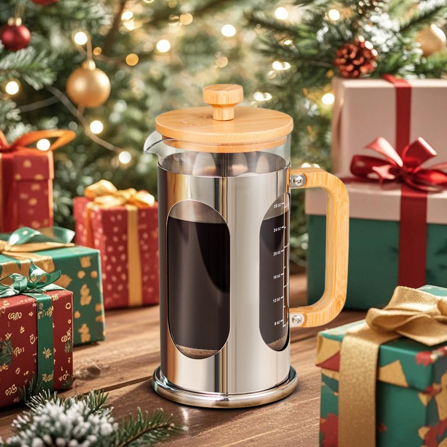 Sivaphe No-Plastic French Press Coffee Maker 34 oz, Borosilicate Glass Bamboo Lid and Handle Coffee Tea Press 8 cup, 1000ml Coffee Milk Forther with Stainless Steel Holder and Resuable Filters
