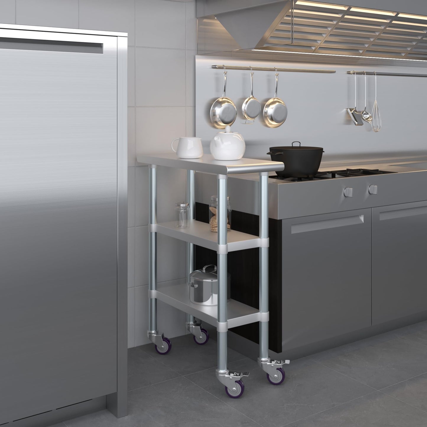 AmGood Stainless Steel Work Table with 2 Shelves and Casters | Metal Utility Table On Wheels (Stainless Steel Work Table with 2 Shelves + Casters, 12" Long x 30" Deep)