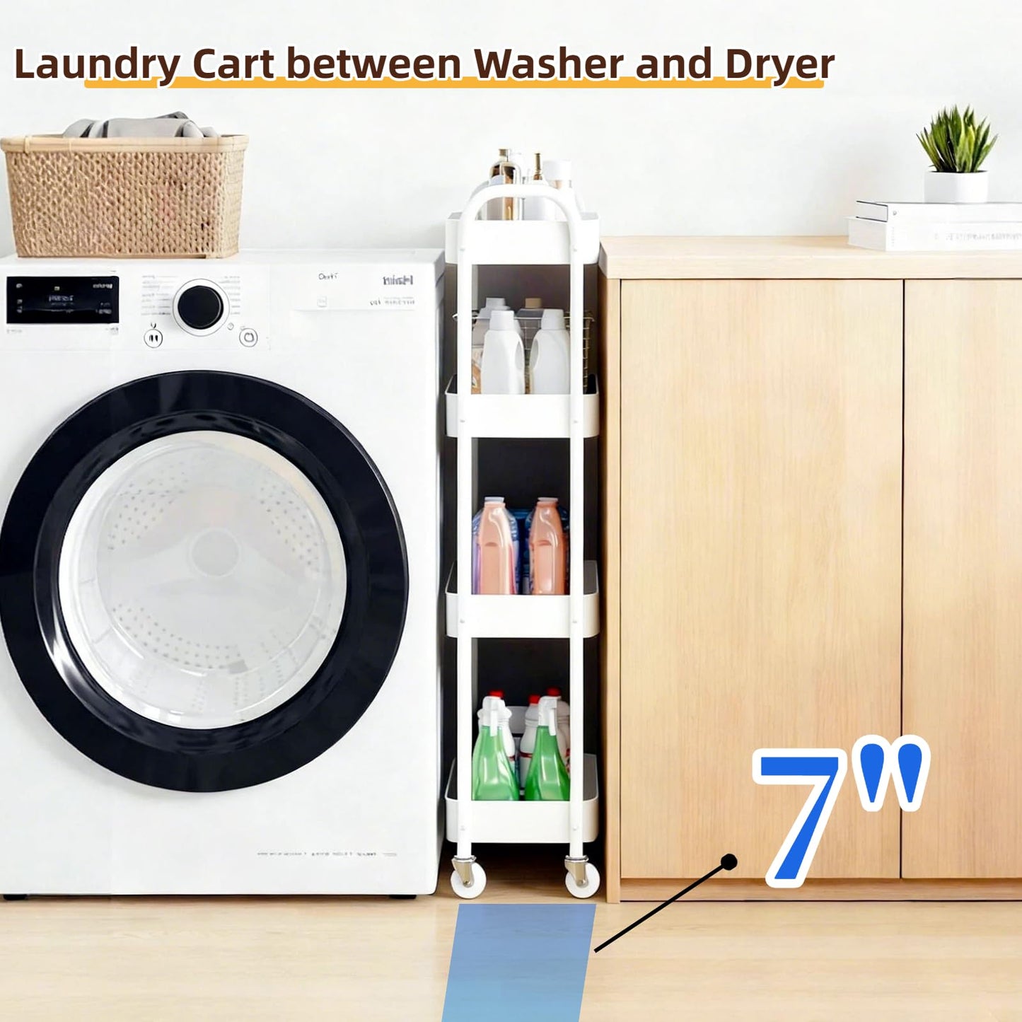 LIWNYRK 4 Tier Slim Kitchen Storage Cart for Narrow Space, 7.1'' Wide Metal Rolling cart with Wheels and Lockable Casters, Sturdy Mobile Thin Shelf for Laundry Room Between Washer and Dryer, White