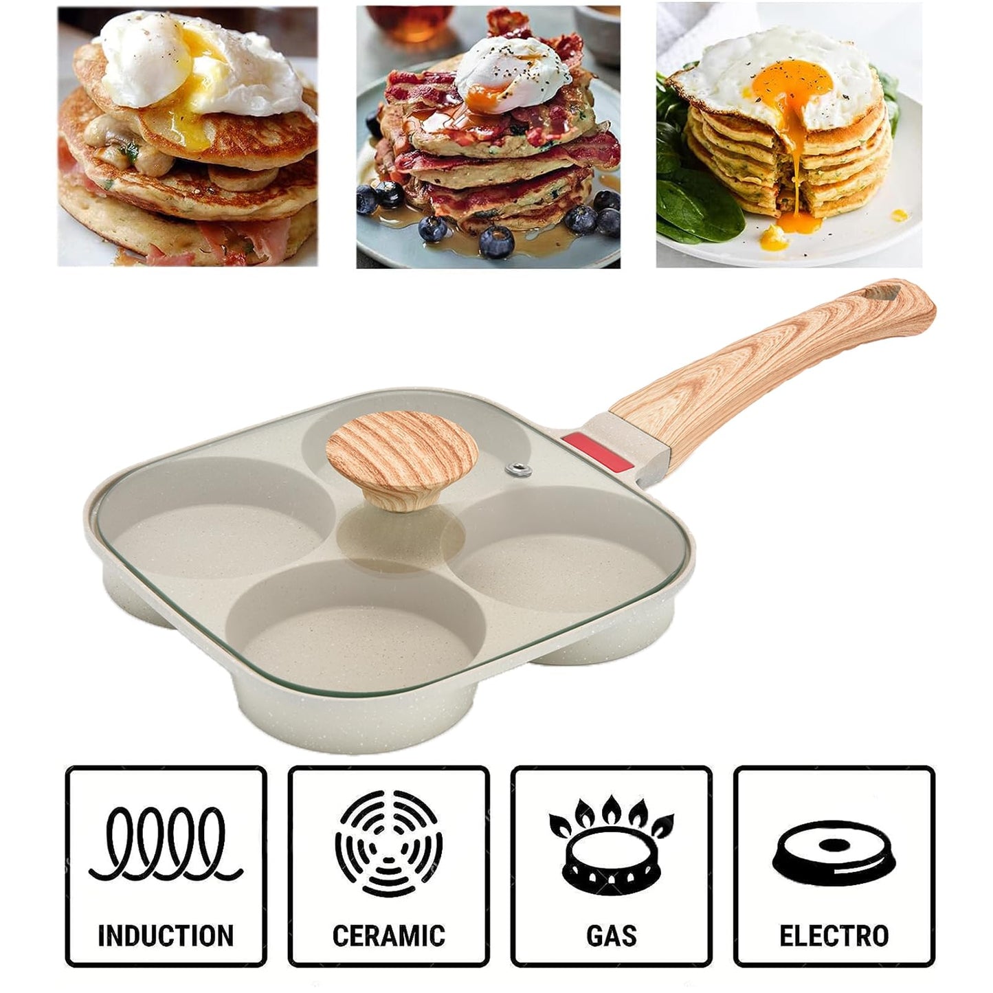 MIHUNTER Fried Egg Pan, Egg Frying Pan with Lid Nonstick 4 Cups Pancake Pan Aluminium Alloy Cooker for Breakfast(White)