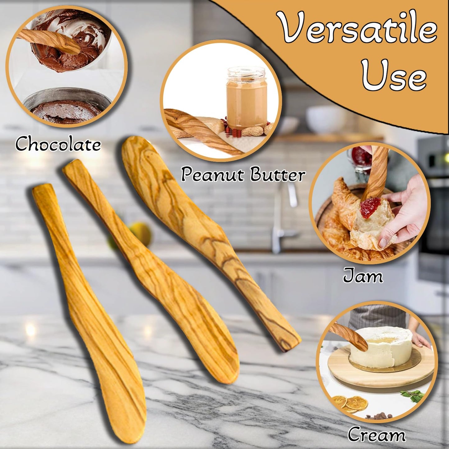 Olive Wooden Butter Knife Spreader, Handmade 6.8 Inch Peanut Butter Knives for Jam, Cheese, Cream, Bread Sandwich Spreaders, Mini Spreader Serving Utensil Set for Breakfast Picnic (3PCS Butter Knives)