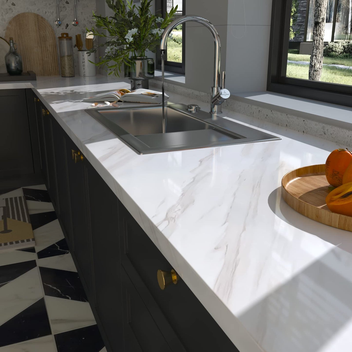 VIOPVERY White Marble Peel and Stick Wallpaper 35" x 197", Waterproof Removable Marble Countertop Contact Paper Vinyl Covering for Countertops Kitchen Bathroom Cabinet Desk Backsplash Tile