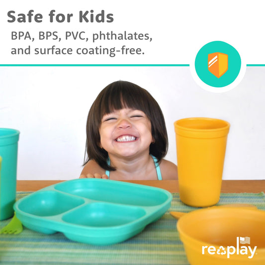 Re-Play 3 Divided Toddler Plates, 3 Utensils Set and 3 Wide Base Bowls - Dishwasher and Microwave Safe - Made in USA - Bluesy
