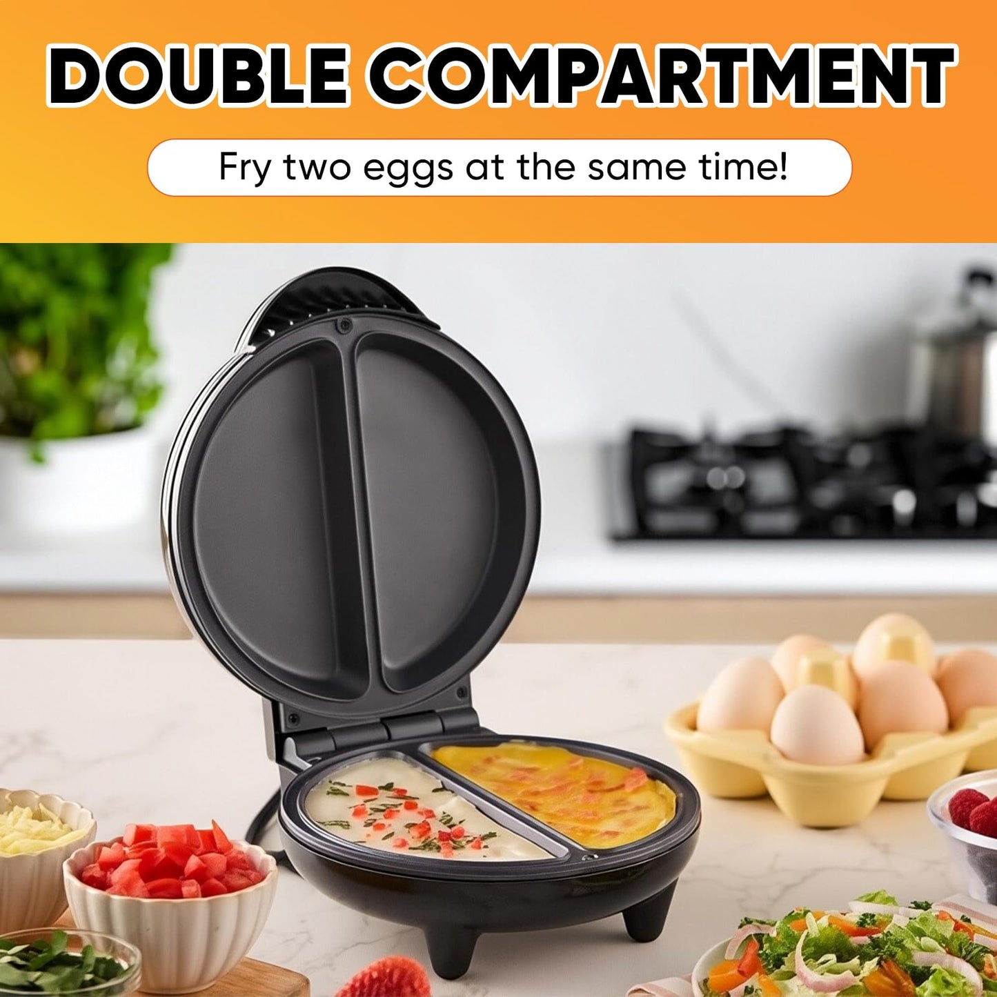 SakerPlus Dual-Zone Electric Omelette Maker, 1000W Rapid Double-Sided Egg Cooker with Non-Stick Plates,Compact Breakfast Maker for 2 Omelettes Simultaneously, Cool-Touch Handle for Home,Dorm&Travel