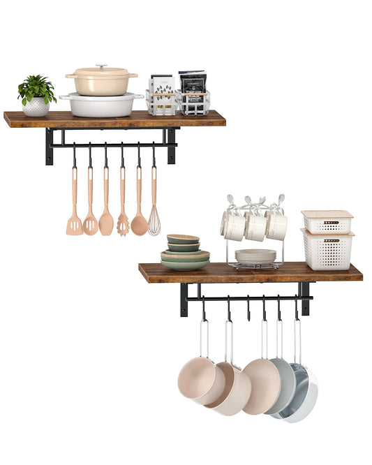 CHOEZON Wall-Mounted Pot Racks, Set of 2 Hanging Pot Rack, Floating Shelves, Wall Shelves, Vintage Pot Hangers for Kitchen, Wall Rack for Kitchen Storage, Rustic Brown and Black TPR26P2BF