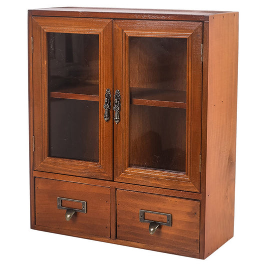 RZGZKLSH Rustic Apothecary Cabinet - 12" L x 4.7" W x 14" H Vintage Pine Countertop Cabinet with 2 Shatterproof Clear Doors & 2 Drawers, Small Spice Organizer for Kitchen, Bathroom, Office (Brown)