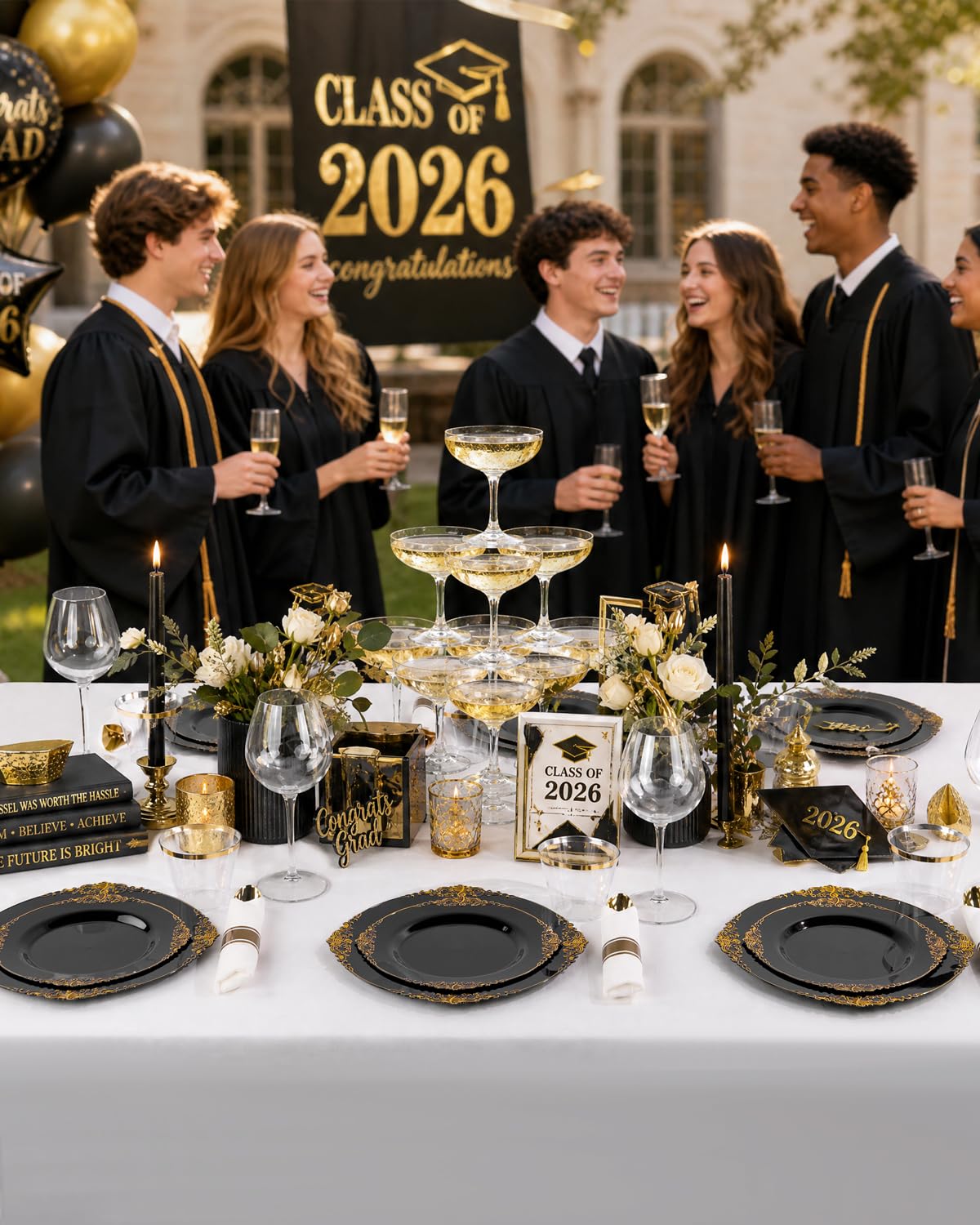 Nervure 175PCS Black Plastic Plates - Disposable Black Gold Party Plates & Pre Rolled Napkins with Cutlery for 25 Guests, 50Plates, 75Silverware, 25Cups, 25Napkin for Wedding & Party