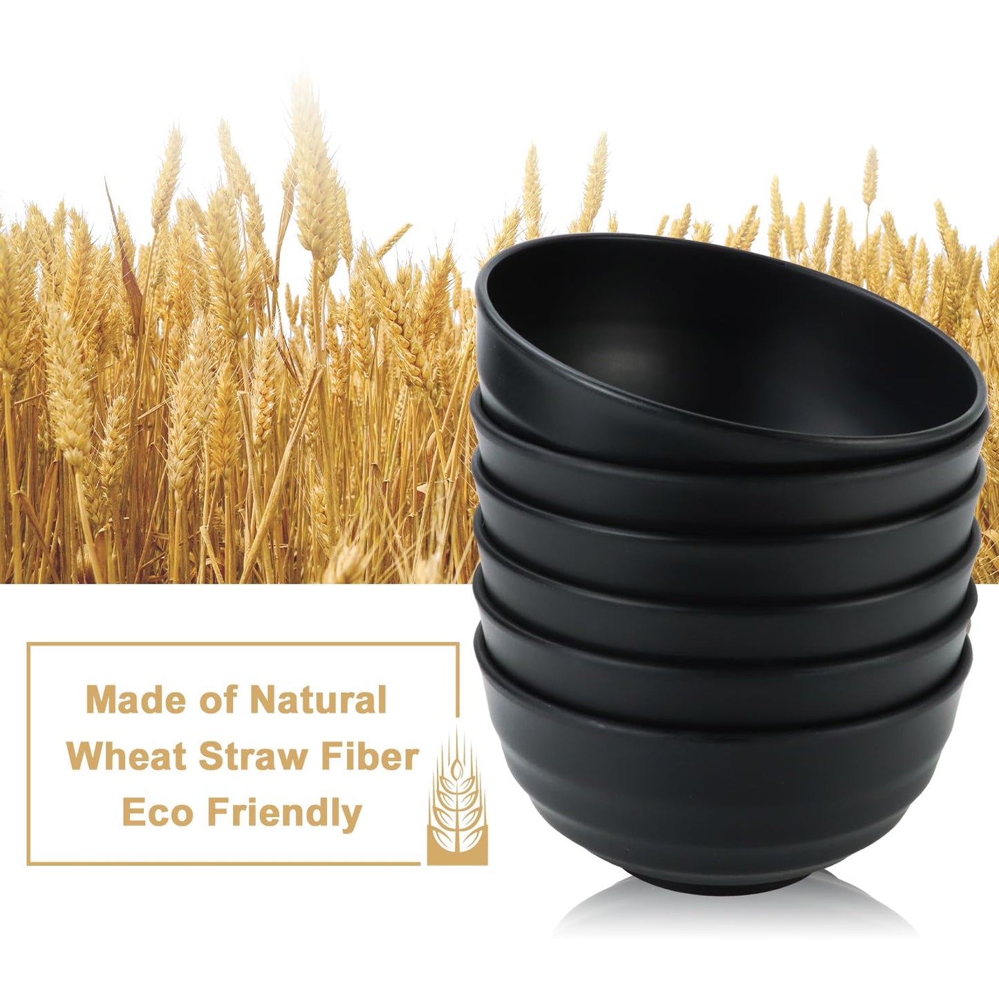 Wheat Straw Bowls Unbreakable Large Salad Bowls 60 OZ Set of 6, Microwave and Dishwasher Safe Large Plastic Bowl, Big Bowl for Eating, Serving Soup, Ramen, Popcorn (Black)