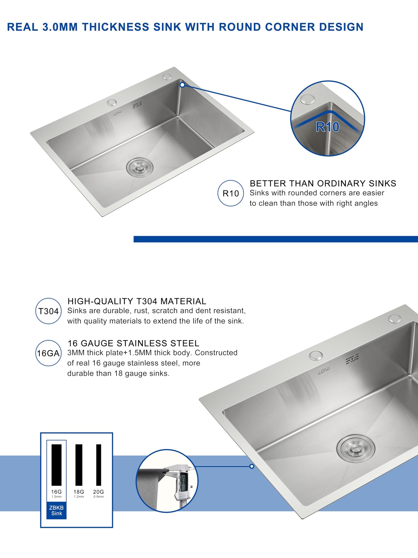ZBKB 28 Inch Drop in Kitchen Sink with Overflow, 16 Gauge Stainless Steel Single Bowl Topmount Kitchen Sink, 9 Inch Deep Sink with Dish Grid, Roll Drainer and Basket Strainer