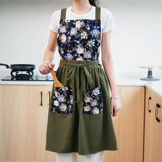 Pinknoke Vintage Pinafore Apron Dress for Women with Pockets Cute Floral Chef Aprons for Kitchen Cooking Baking Gardening (Olive Green)
