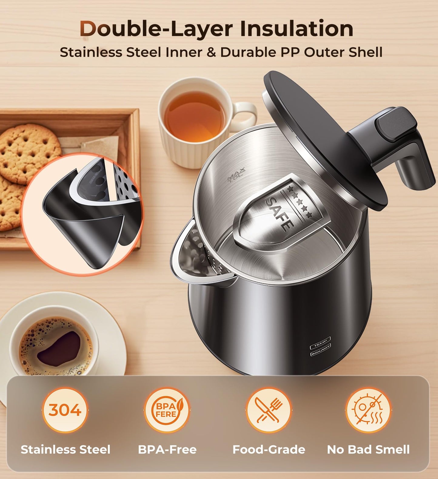 Electric Kettle 1.0L 1200W, 7 Temp Settings, 4H Keep-Warm, Fast-Boil Stainless Steel Electric Tea Kettle, 120V Water Boiler with Auto-Shut Off, Cool Touch PP Exterior for Home Office, Black