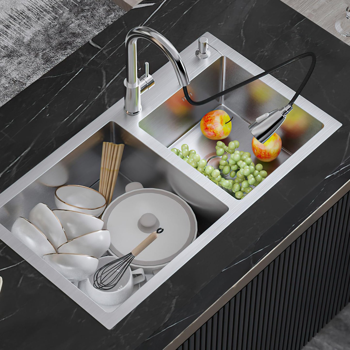 Vivrhintty 32" x 18" Drop-in/Topmount Double Bowl Kitchen Sink, Nano-Coated 304 Stainless Steel Kitchen Sink with Drain and Overflow