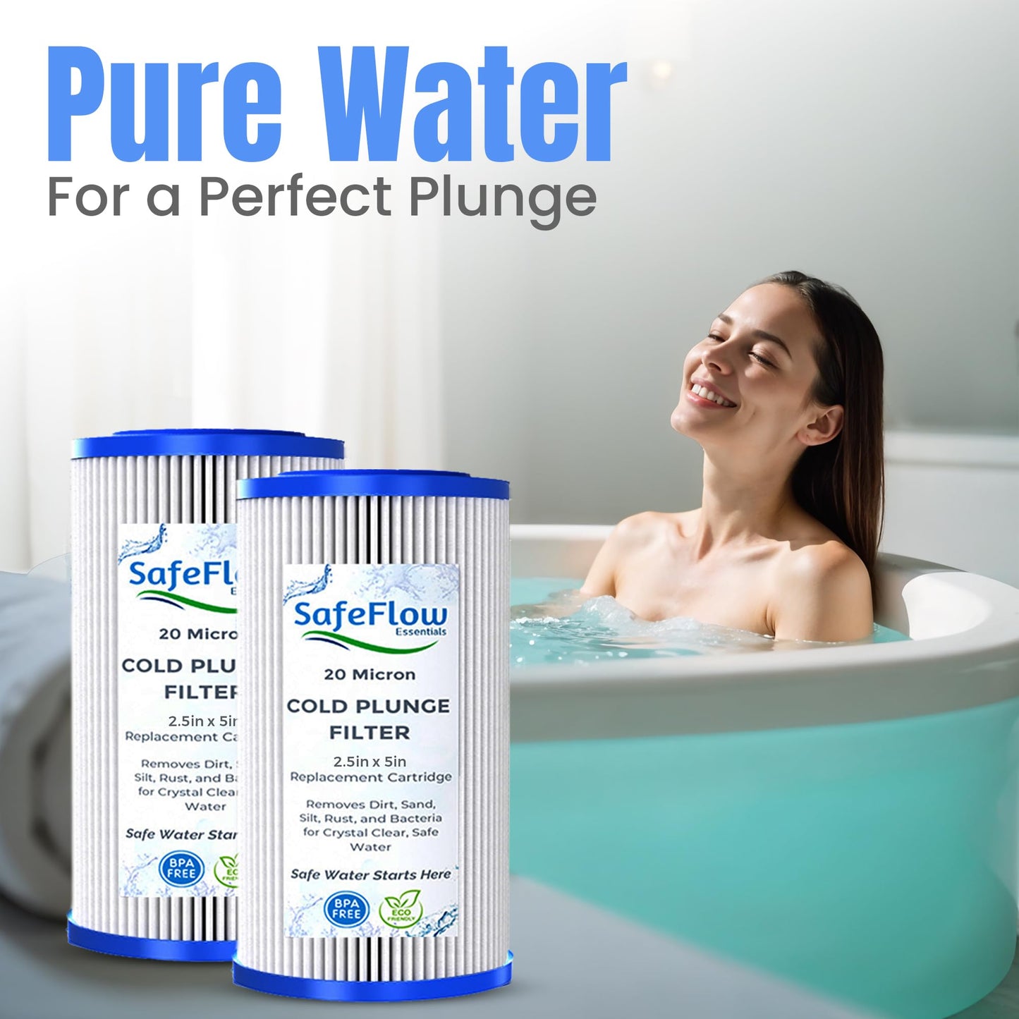 SafeFlow Essentials 5" x 2.5" Cold Plunge Filter 20 Micron – Fits The Pod Ice Cold Plunge Water Chiller, Cold Plunge Filters, and Under Kitchen Sink Systems (2)