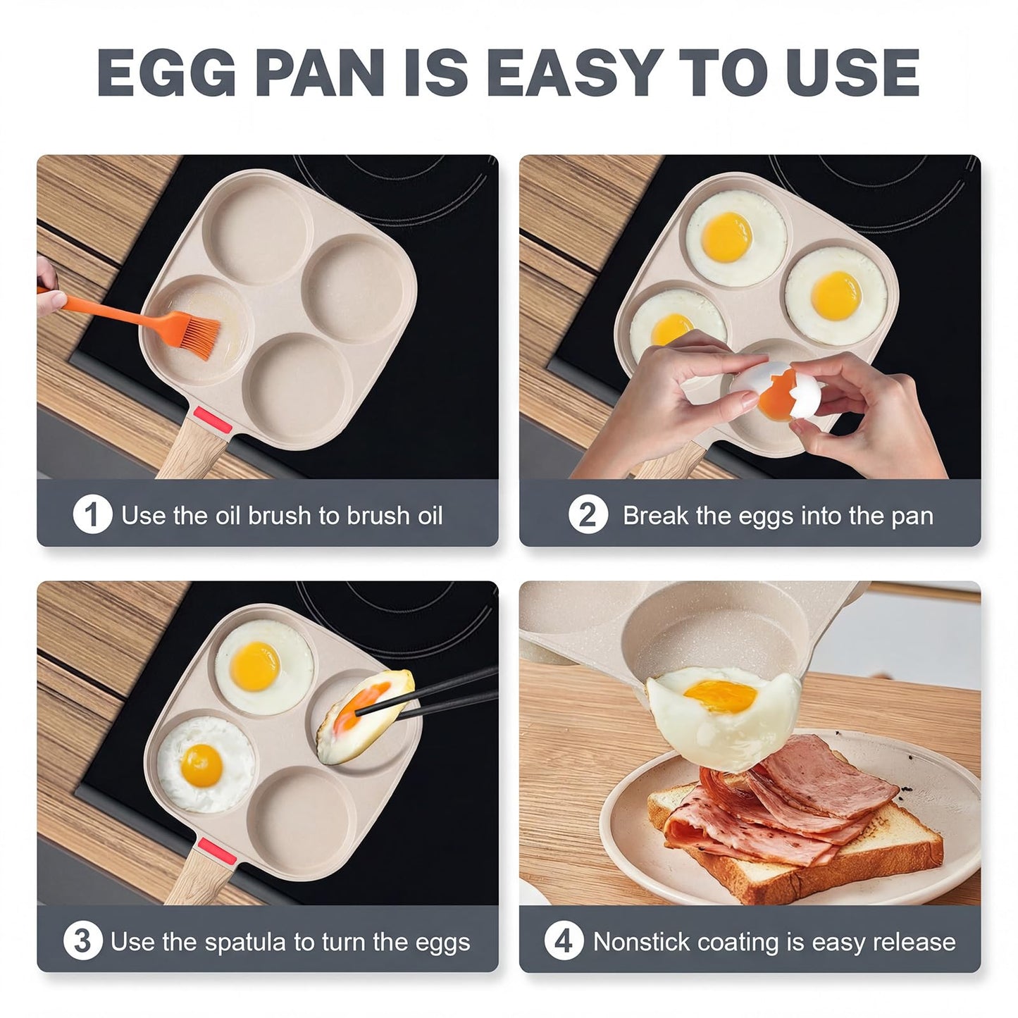 4‑Cup Nonstick Egg Pan Set with Lid – Aluminum Omelette Skillet for Breakfast, Includes Silicone Scraper, Oil Brush, Chopsticks & Cleaning Cloth – Compatible with Gas & Induction Cooktops (White)