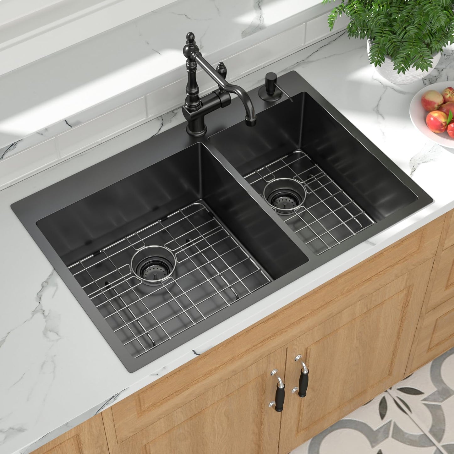 Mocoloo 33 Black Drop In Kitchen Sink 33x22 Inch Gunmetal Black Stainless Sink Double Bowl 60/40 Topmount 16 Gauge Kitchen Sink Handmade Basin