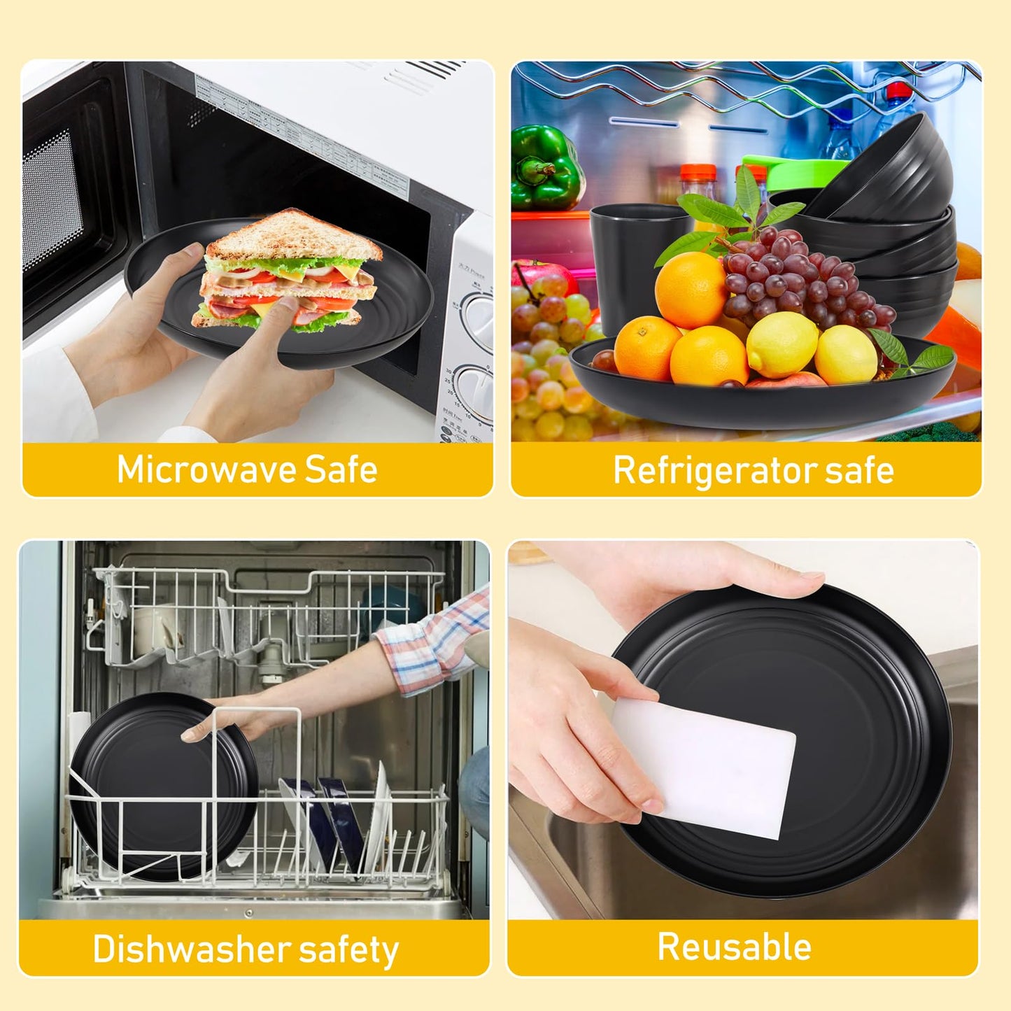 LIYH Black Plastic Wheat Straw Dinnerware Sets Unbreakable Dinner Plates for 4 Black Plates and Bowls Set Include Wheat Straw Plate Bowls Cups Dish Set for Kitchen&Camping