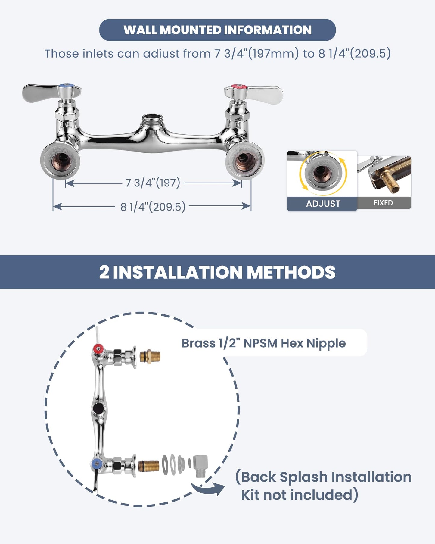 iVIGA Commercial Sink Faucet with 12” Swivel Spout, 8" Center Wall Mount Kitchen Faucet, Dual Handles Brass Utility Sink Faucet for Laundry Room Restaurant Compartment Sink, Polish Chrome