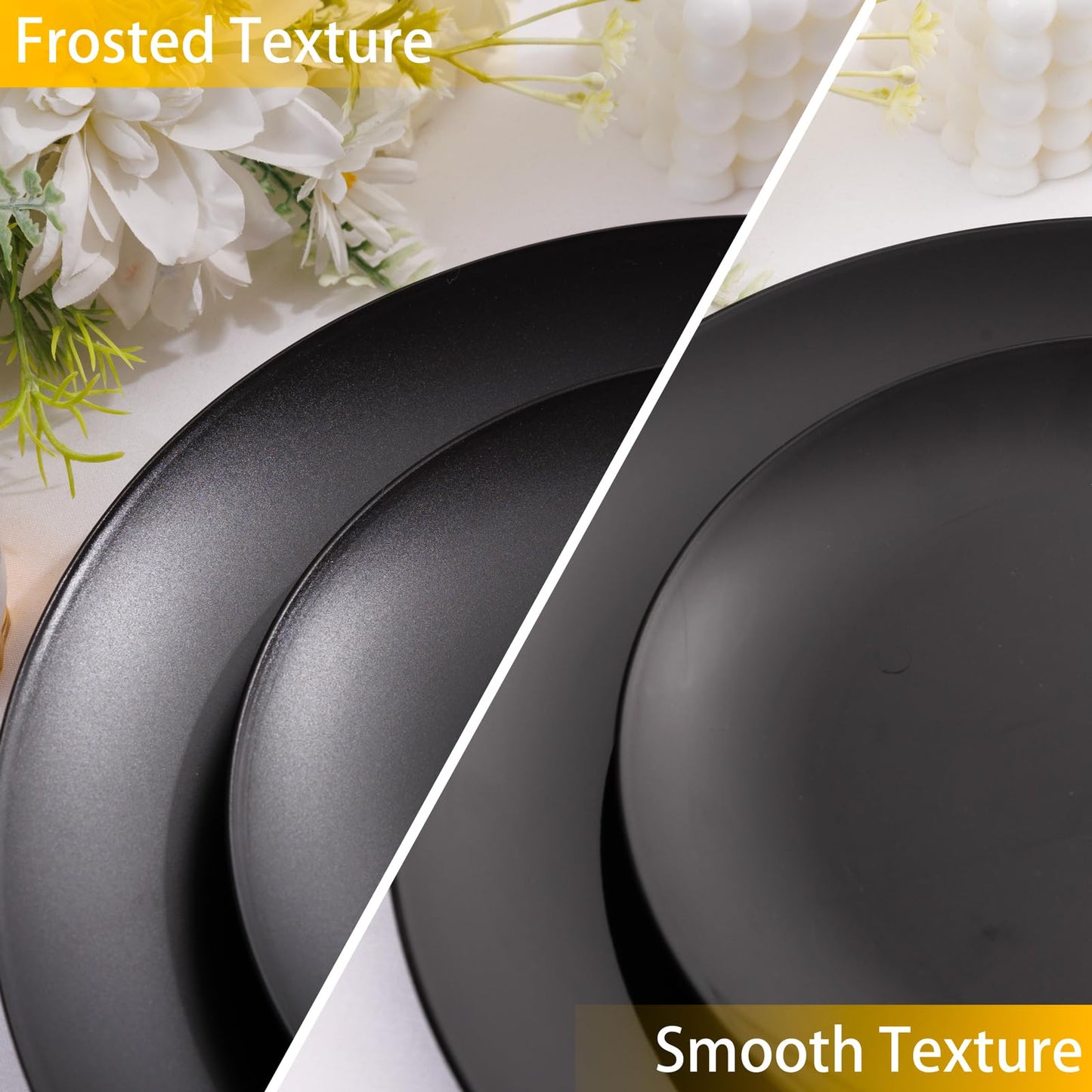 EI 150pcs Black Plastic Plates Frosted Plastic Plate,Premium Heavy Duty Black Plastic Plates,Black Disposable Plates with Plastic Silverware,10.25" Dinner Plates and 7.5" Dessert Plate Wedding Party
