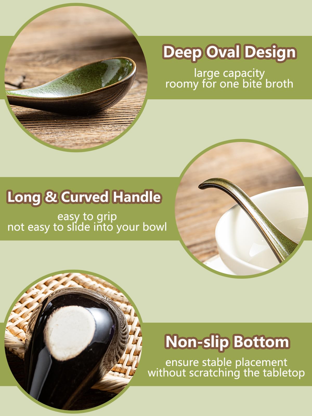 Gomakren Asian Soup Spoons, 6.5 Inch Ceramic Chinese Soup Spoons for Cereal, Ramen, Pho, Noodles, Stews, Green Kitchen Spoons with Long Handle and Deep Oval Design, Mothers Day Gifts - Set of 6