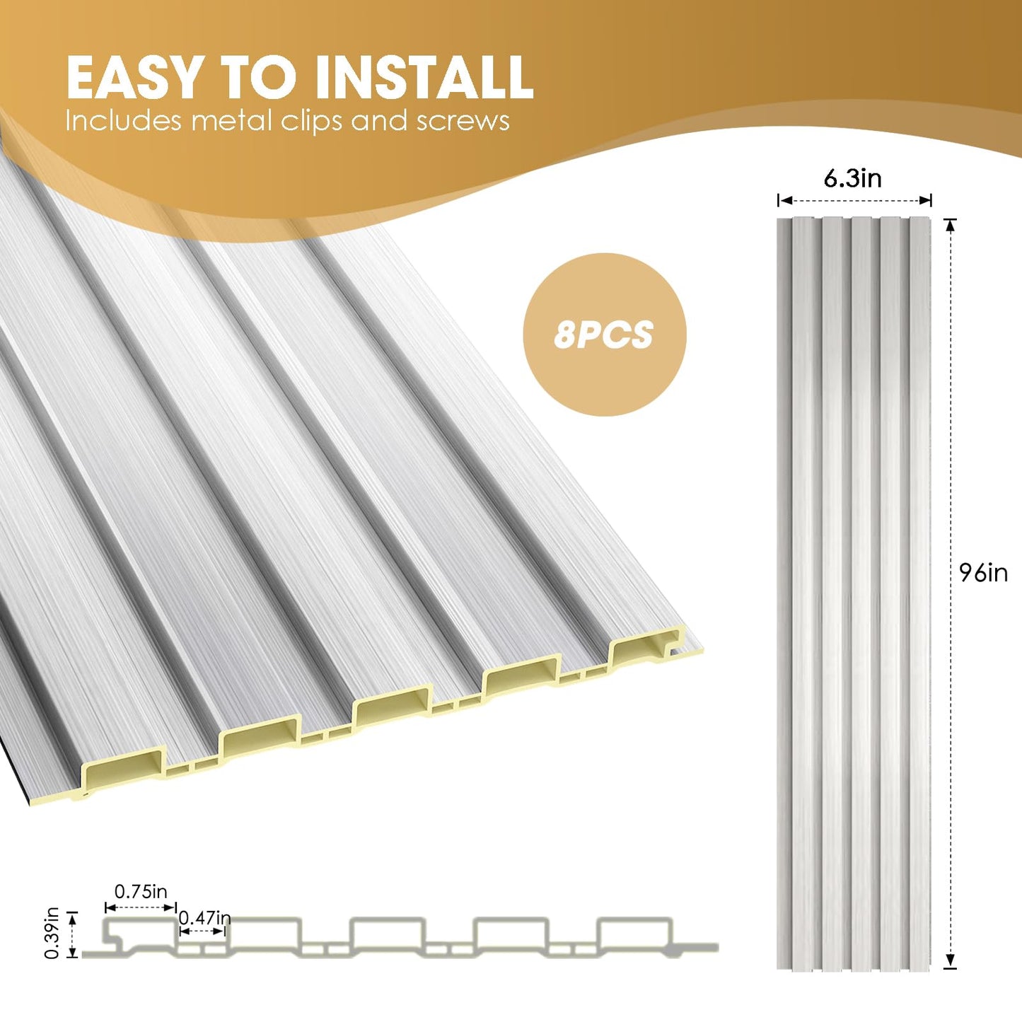 OUZUGIE WPC Acoustic Slat Wall Paneling, 8-Pack 96 x 6 Inches 3D Wall Panels for Interior Wall Decor,Living Room,TV Background,Study Room,Office Spaces,Bedroom,Low Grille (Metallic Silver)