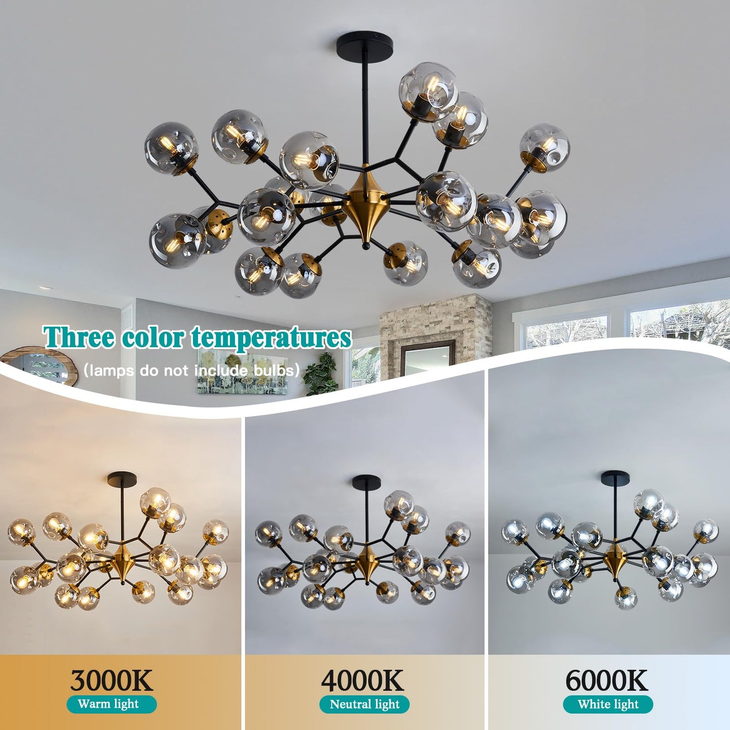 hesoge 20 Light Extra Large Sputnik Chandelier Mid Century Modern Black and Gold Ceiling Light Fixture with Glass Globe Pendant Light Hanging for Dining Room Kitchen Living Room Foyer.