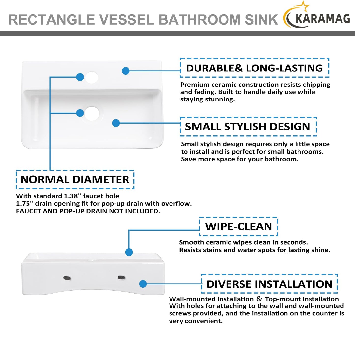 KARAMAG Small Vessel Sink 17.7"x11.2" Wall Mount Bathroom Sink Rectangular White Porcelain Ceramic Floating Tiny Bathroom Wall Mounted RV Sink