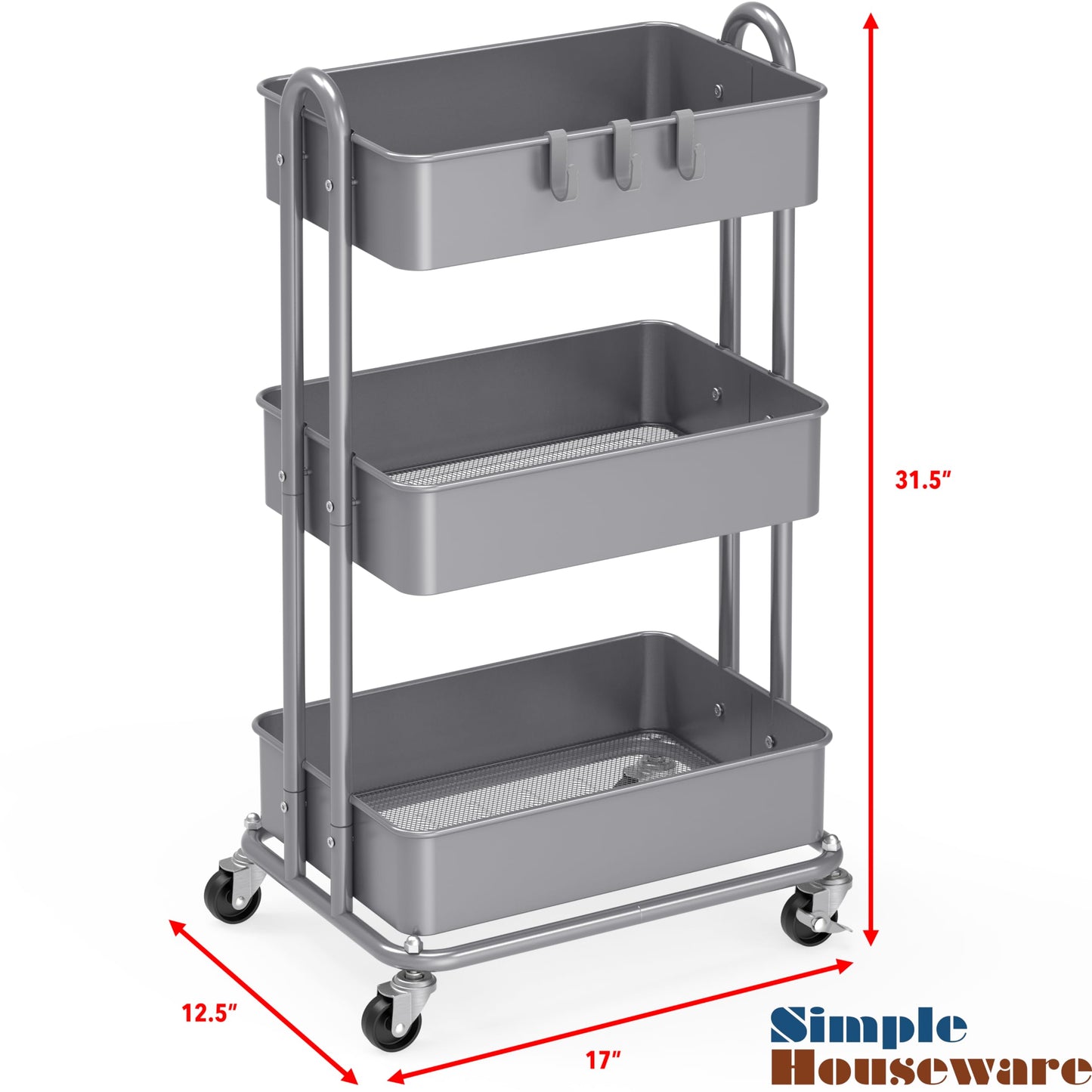 Simple Houseware 3-Tier Heavy Duty Metal Utility Rolling Cart, Silver
