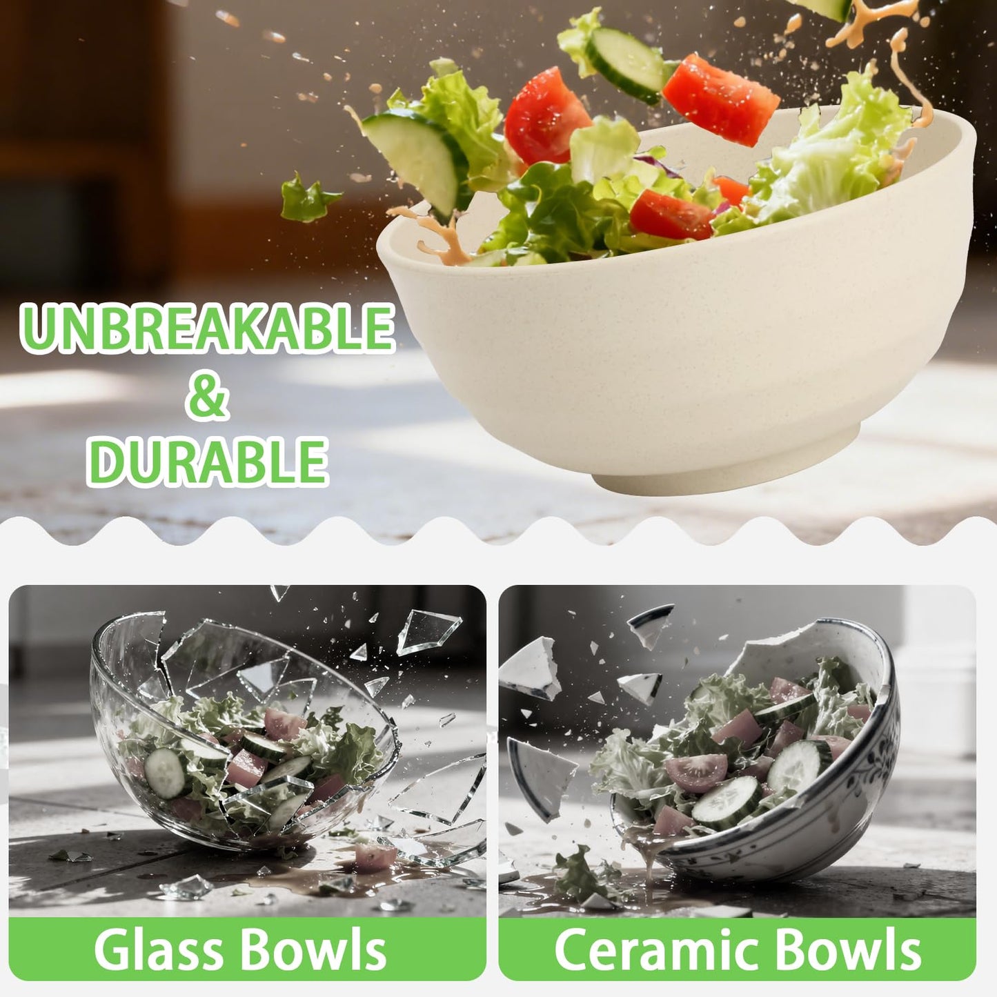 Perlapoc Large Wheat Straw Bowls Set of 6, 60 OZ Unbreakable Serving Bowls, Microwave Safe & Dishwasher Safe, Perfect for Salad, Fruit, Cereal, Soup, Ramen, Family Meals, Beige