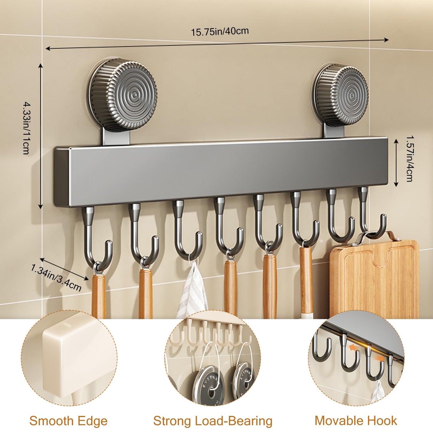 Kitchen Wall Hooks with 8 Hooks – Wall Mounted Kitchen Utensil Holder Organizer Rack for Hanging Pots, Pans, Towels, Spoons, Heavy Duty Rail(Gunmetal Gray)