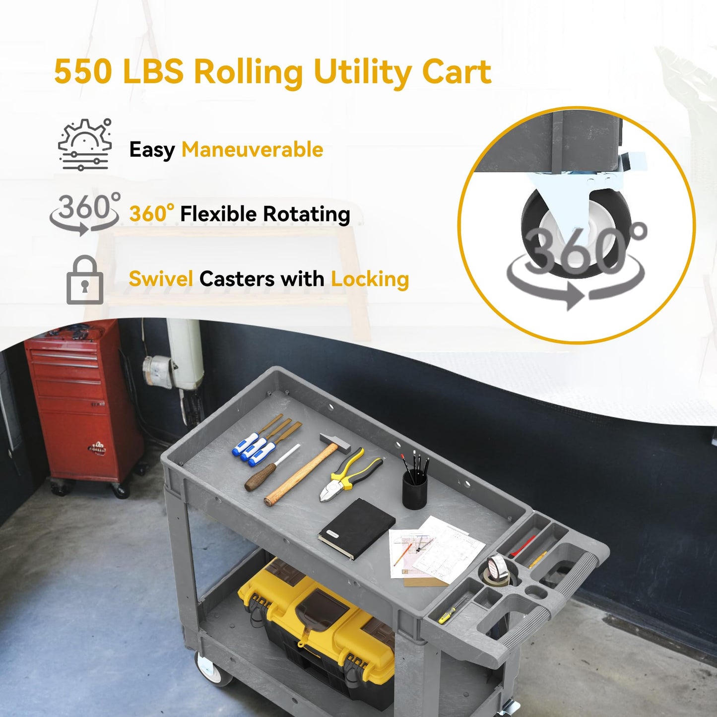 DWVO 2 Tier Utility Cart on Wheels, 550 lbs 2 Shelf Heavy Duty Plastic Rolling Carts, 40 x 17 in Plastic Tool Cart Work Cart with Locking Swivel Wheels & Handle for Warehouse Garage School & Office