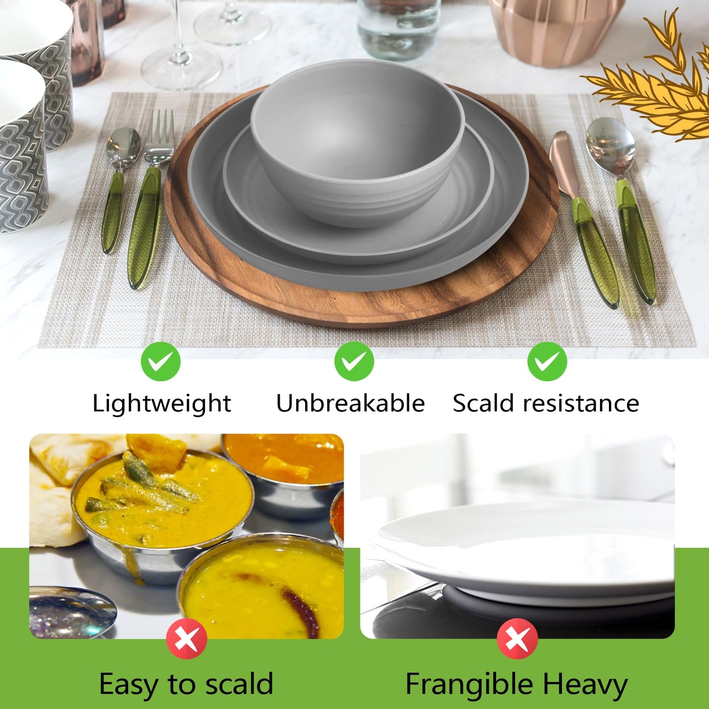 Teivio 32-Piece Kitchen Plastic Wheat Straw Dinnerware Set, Service for 8, Dinner Plates, Dessert Plate, Cereal Bowls, Cups, Unbreakable Colorful Plastic Outdoor Camping Dishes, Light Gray